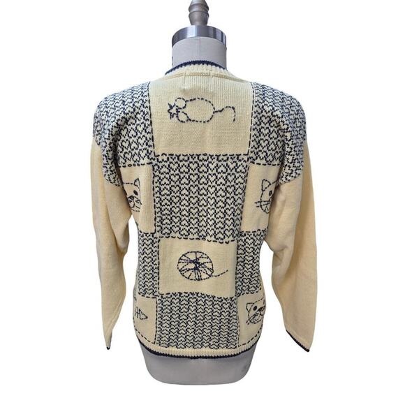 Vtg Cat Lady sweater Christopher & Banks Cotton Yellow Navy Blue Heart/Cats Sz L - Picture 3 of 4